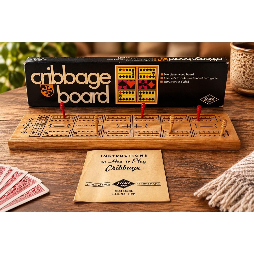 Vintage 1968 E.S. Lowe Cribbage Board Wood Game Original Box Instructions Pegs
